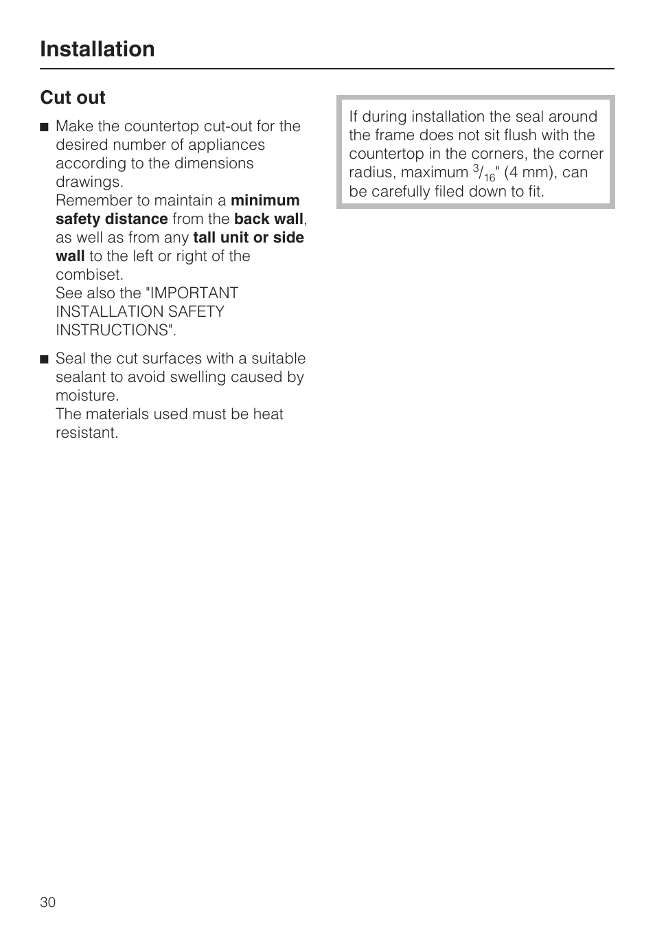 Installation, Cut out | Miele CS1112 User Manual | Page 30 / 40