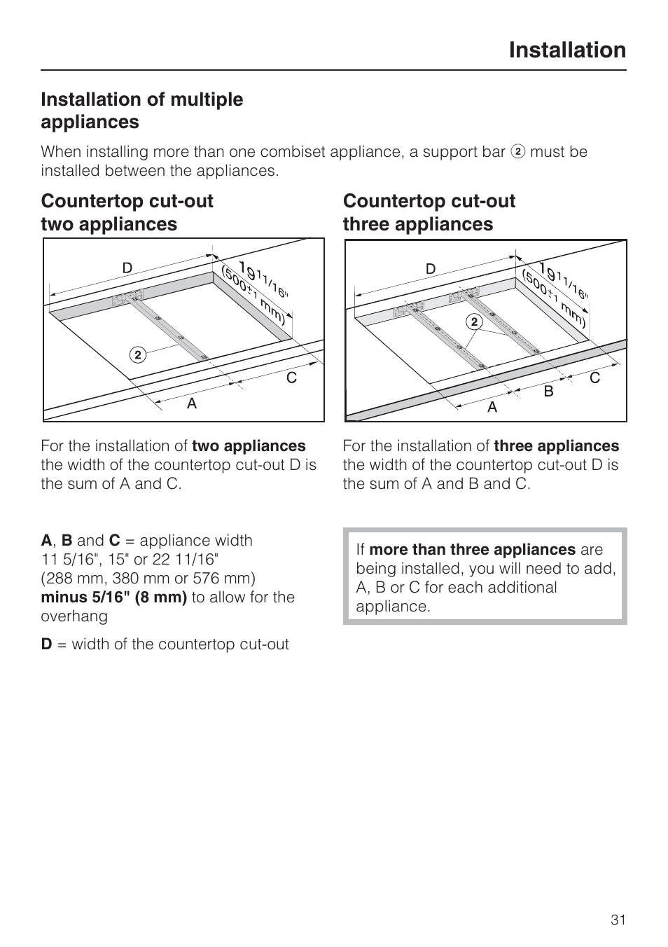 Installation of multiple appliances 31, Installation | Miele CS1112 User Manual | Page 31 / 40