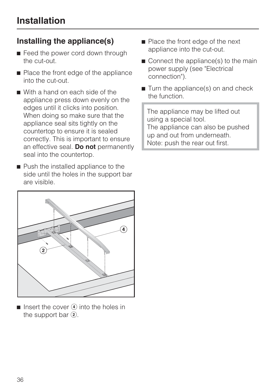 Installation, Installing the appliance(s) | Miele CS1112 User Manual | Page 36 / 40