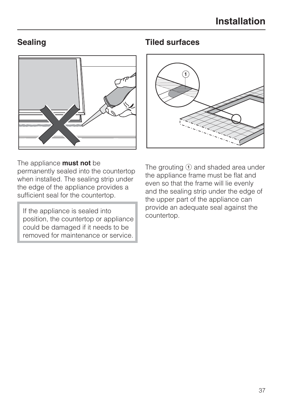 Sealing 37, Tiled surfaces 37, Installation | Miele CS1112 User Manual | Page 37 / 40