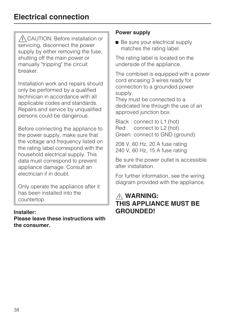 Electrical connection 38, Electrical connection, Warning: this appliance must be grounded | Miele CS1112 User Manual | Page 38 / 40