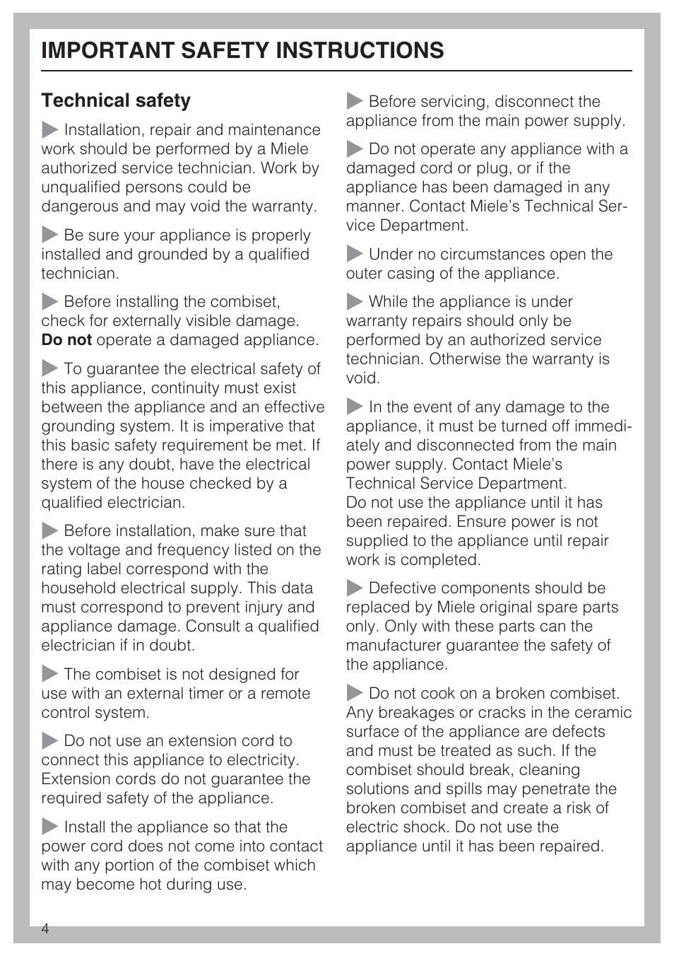 Important safety instructions | Miele CS1112 User Manual | Page 4 / 40