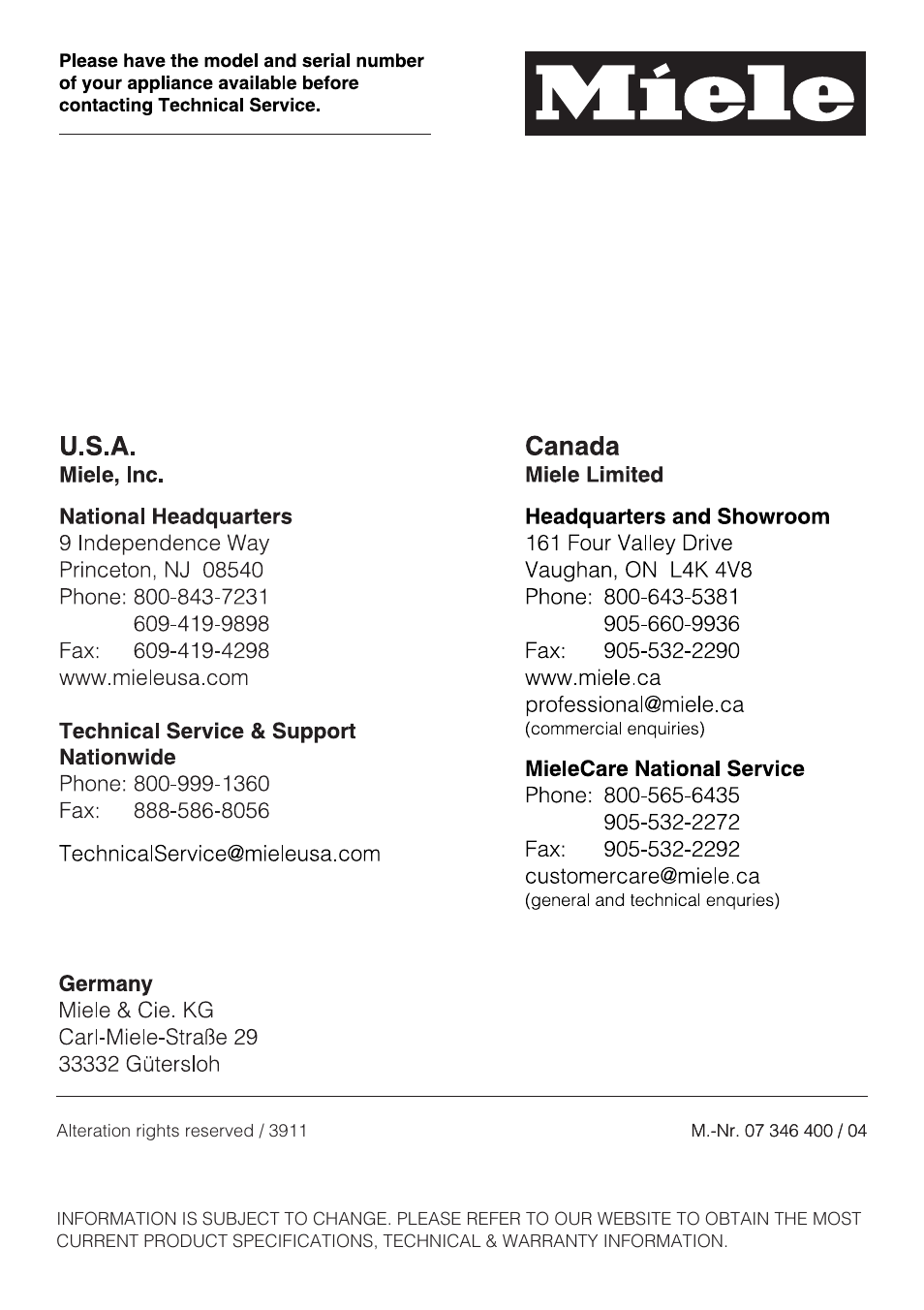 Miele CS1112 User Manual | Page 40 / 40