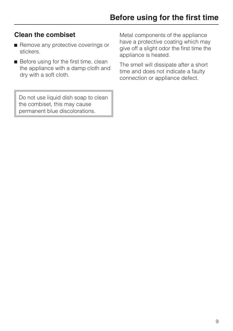 Before using for the first time 9, Clean the combiset 9, Before using for the first time | Clean the combiset | Miele CS1112 User Manual | Page 9 / 40