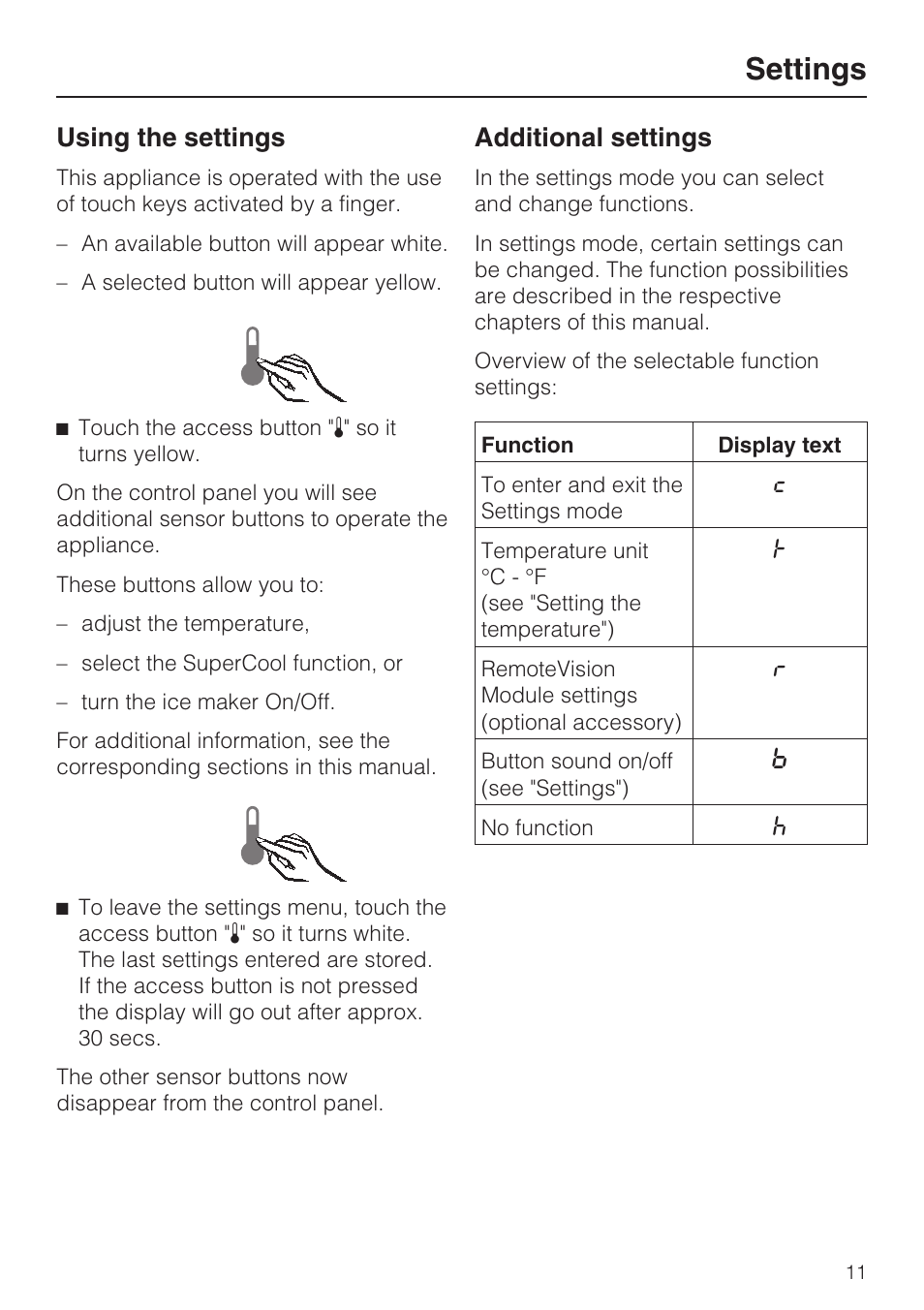 Settings 11, Using the settings 11, Additional settings 11 | Settings, Using the settings, Additional settings | Miele F1901SF User Manual | Page 11 / 72