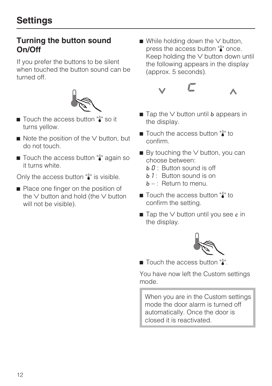 Turning the button sound on/off 12, Settings, Turning the button sound on/off | Miele F1901SF User Manual | Page 12 / 72