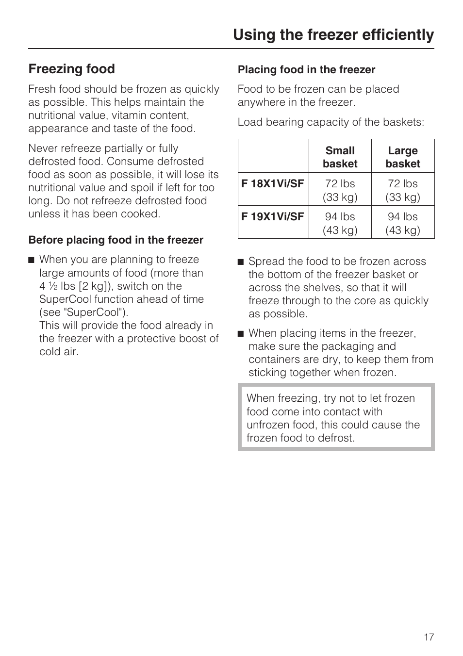 Using the freezer efficiently 17, Freezing food 17, Using the freezer efficiently | Freezing food | Miele F1901SF User Manual | Page 17 / 72
