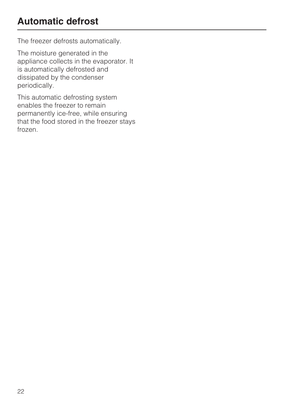 Automatic defrost 22, Automatic defrost | Miele F1901SF User Manual | Page 22 / 72