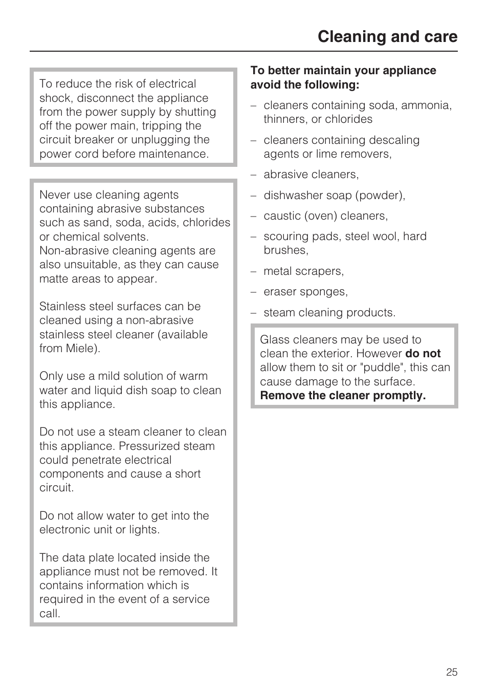 Cleaning and care 25, Cleaning and care | Miele F1901SF User Manual | Page 25 / 72