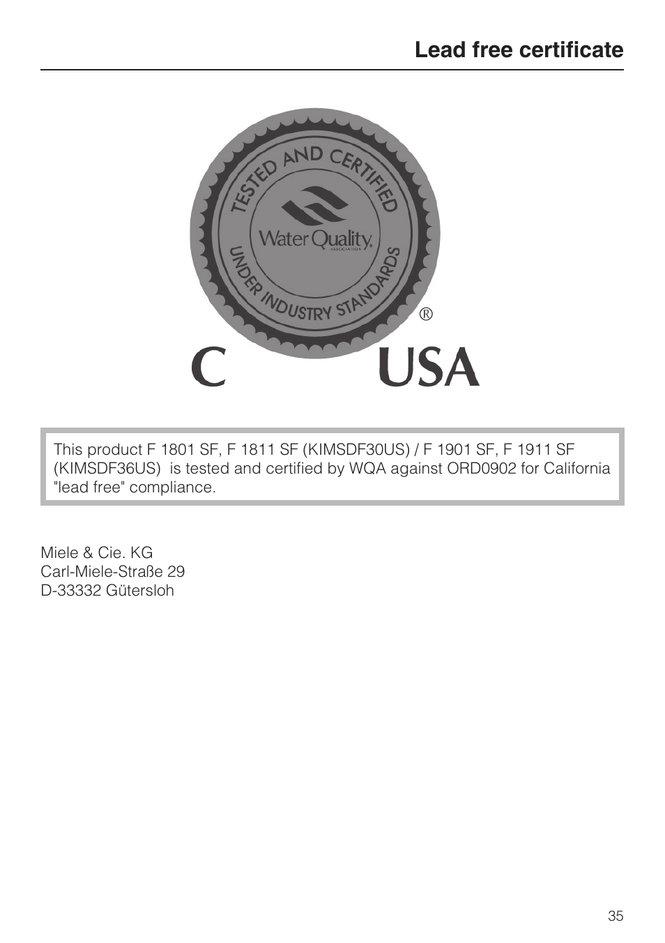 Lead free certificate 35, Lead free certificate | Miele F1901SF User Manual | Page 35 / 72