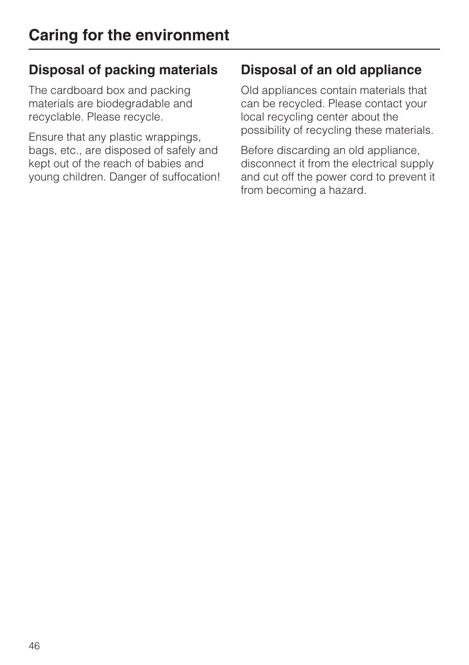 Caring for the environment 46, Caring for the environment | Miele F1901SF User Manual | Page 46 / 72
