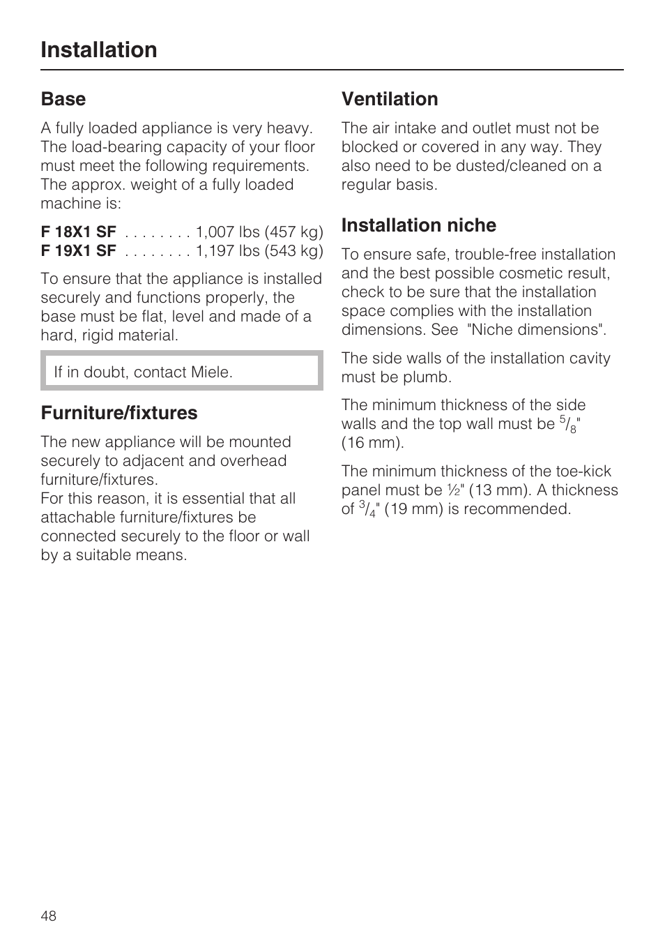 Installation, Base, Furniture/fixtures | Ventilation, Installation niche | Miele F1901SF User Manual | Page 48 / 72