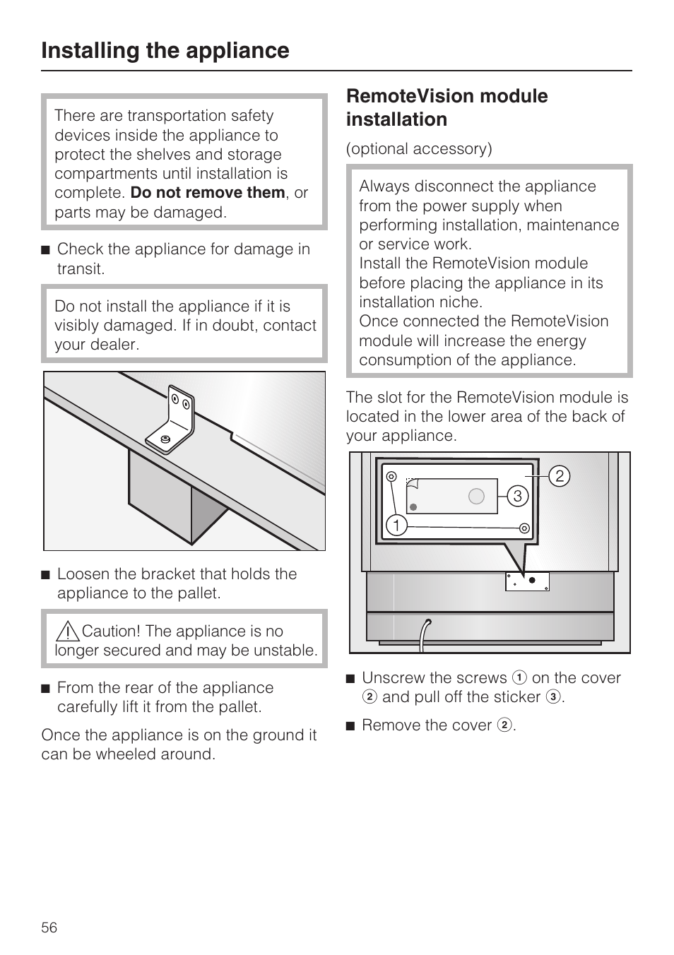 Remotevision module installation 56, Installing the appliance, Remotevision module installation | Miele F1901SF User Manual | Page 56 / 72