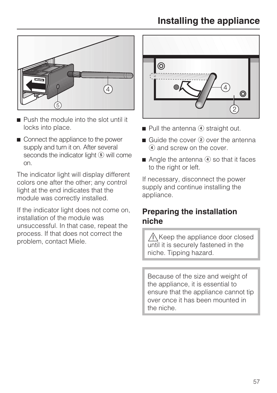 Preparing the installation niche 57, Installing the appliance, Preparing the installation niche | Miele F1901SF User Manual | Page 57 / 72