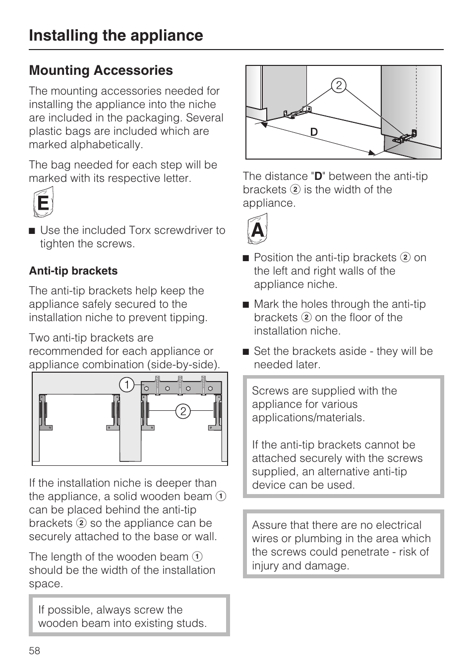 Installing the appliance, Mounting accessories | Miele F1901SF User Manual | Page 58 / 72