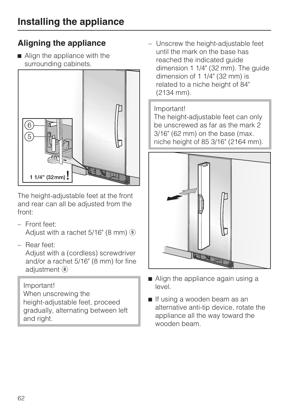 Aligning the appliance 62, Installing the appliance, Aligning the appliance | Miele F1901SF User Manual | Page 62 / 72