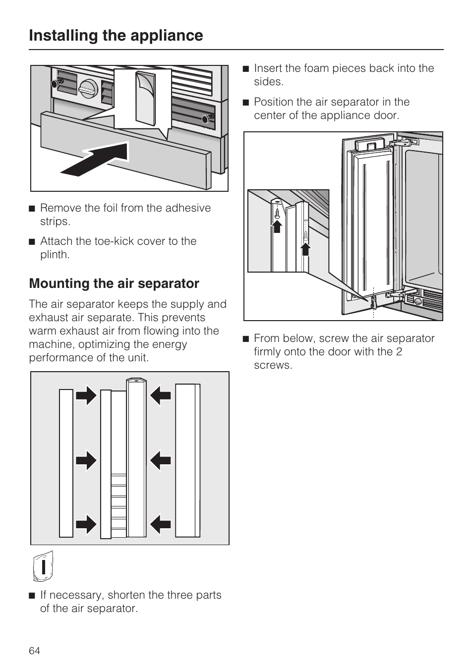Installing the appliance, Mounting the air separator | Miele F1901SF User Manual | Page 64 / 72