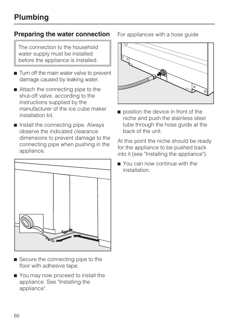 Plumbing, Preparing the water connection | Miele F1901SF User Manual | Page 66 / 72