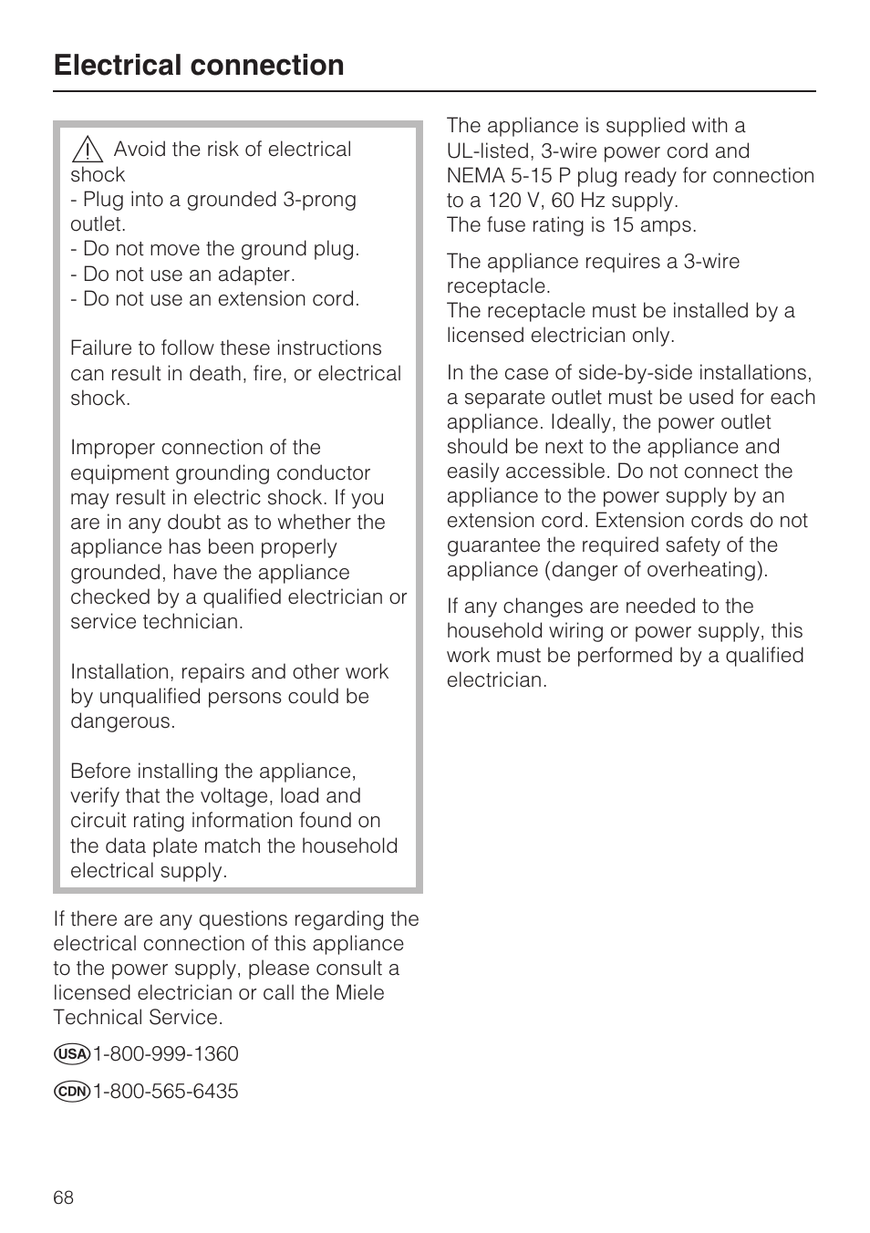 Electrical connection 68, Electrical connection | Miele F1901SF User Manual | Page 68 / 72
