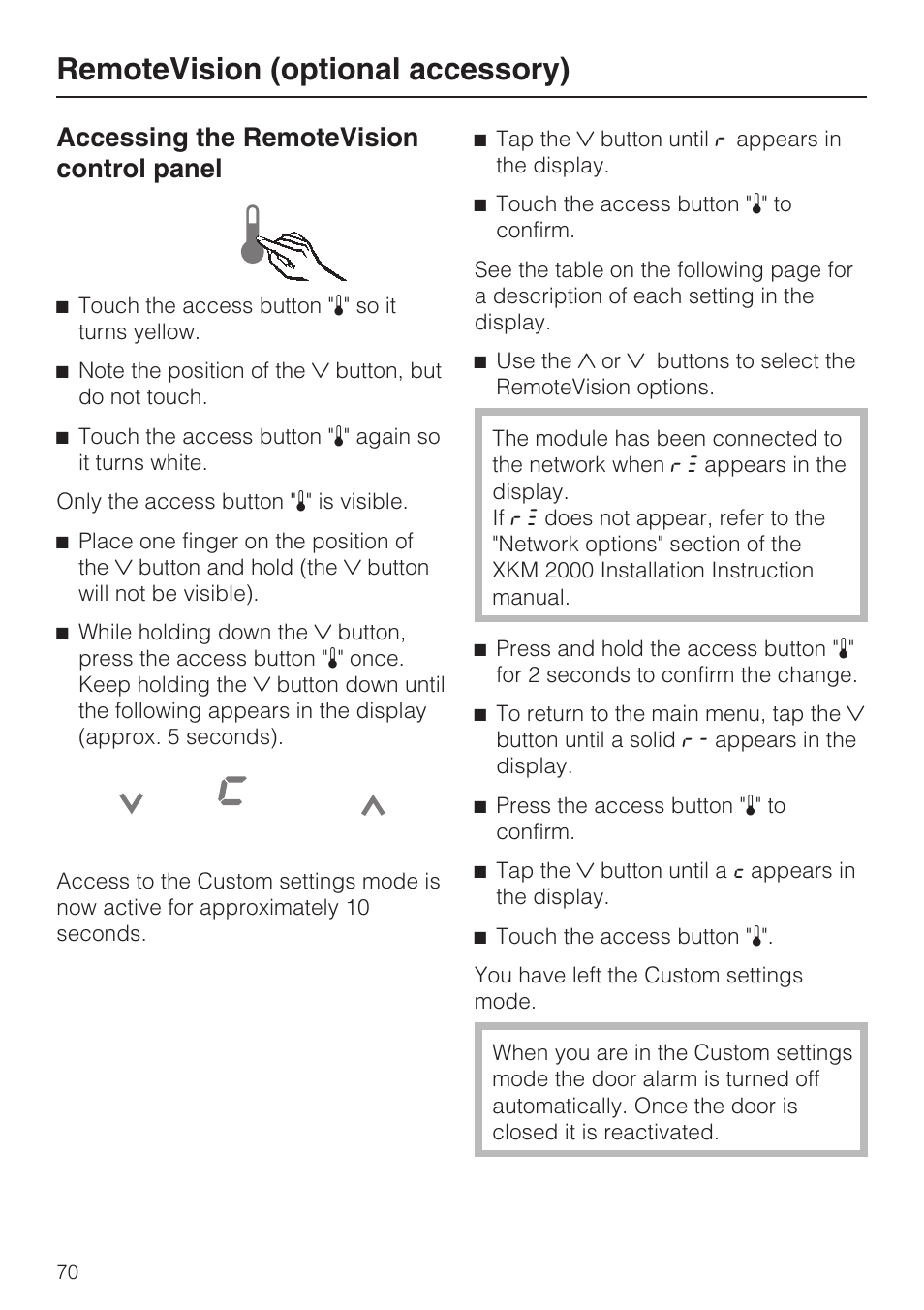 Remotevision (optional accessory), Accessing the remotevision control panel | Miele F1901SF User Manual | Page 70 / 72