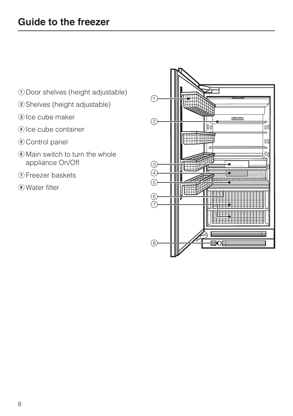 Guide to the freezer 8, Guide to the freezer | Miele F1901SF User Manual | Page 8 / 72