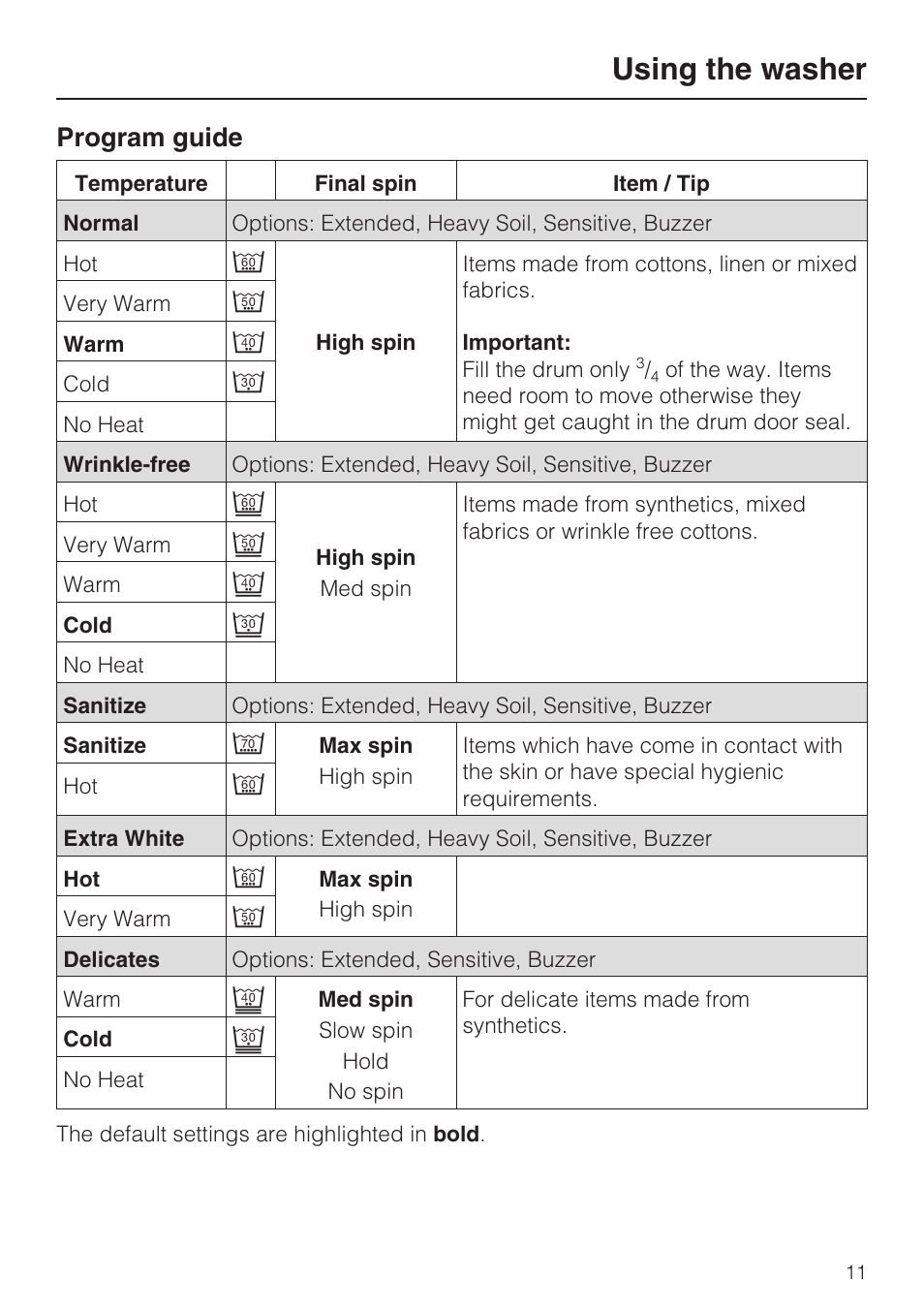 Program guide 11, Using the washer, Program guide | Miele TOUCHTRONIC W 4800 User Manual | Page 11 / 52