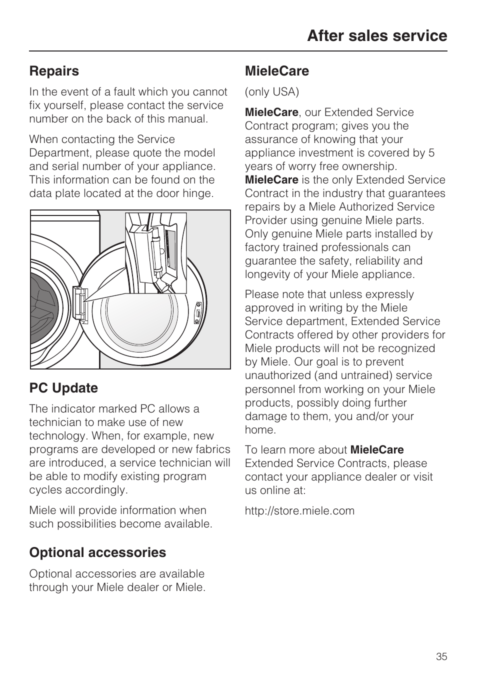 After sales service 35, After sales service | Miele TOUCHTRONIC W 4800 User Manual | Page 39 / 52