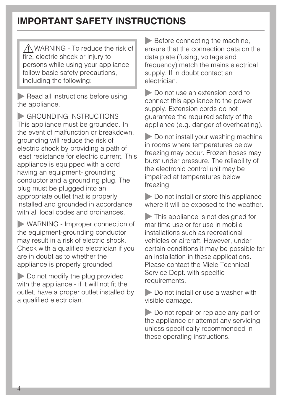 Important safety instructions 4, Important safety instructions | Miele TOUCHTRONIC W 4800 User Manual | Page 4 / 52