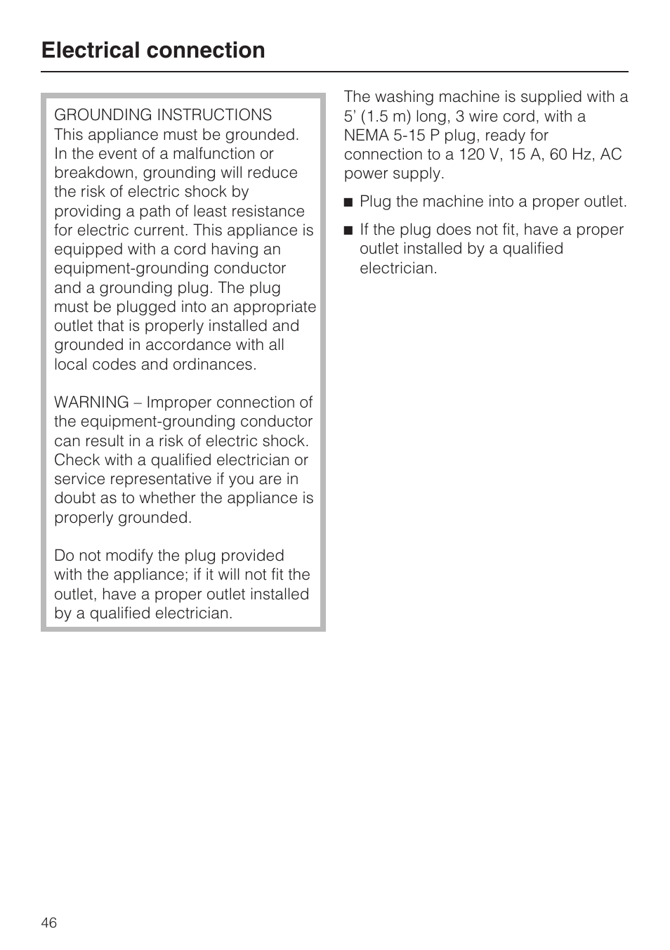 Electrical connection 46, Electrical connection | Miele TOUCHTRONIC W 4800 User Manual | Page 50 / 52