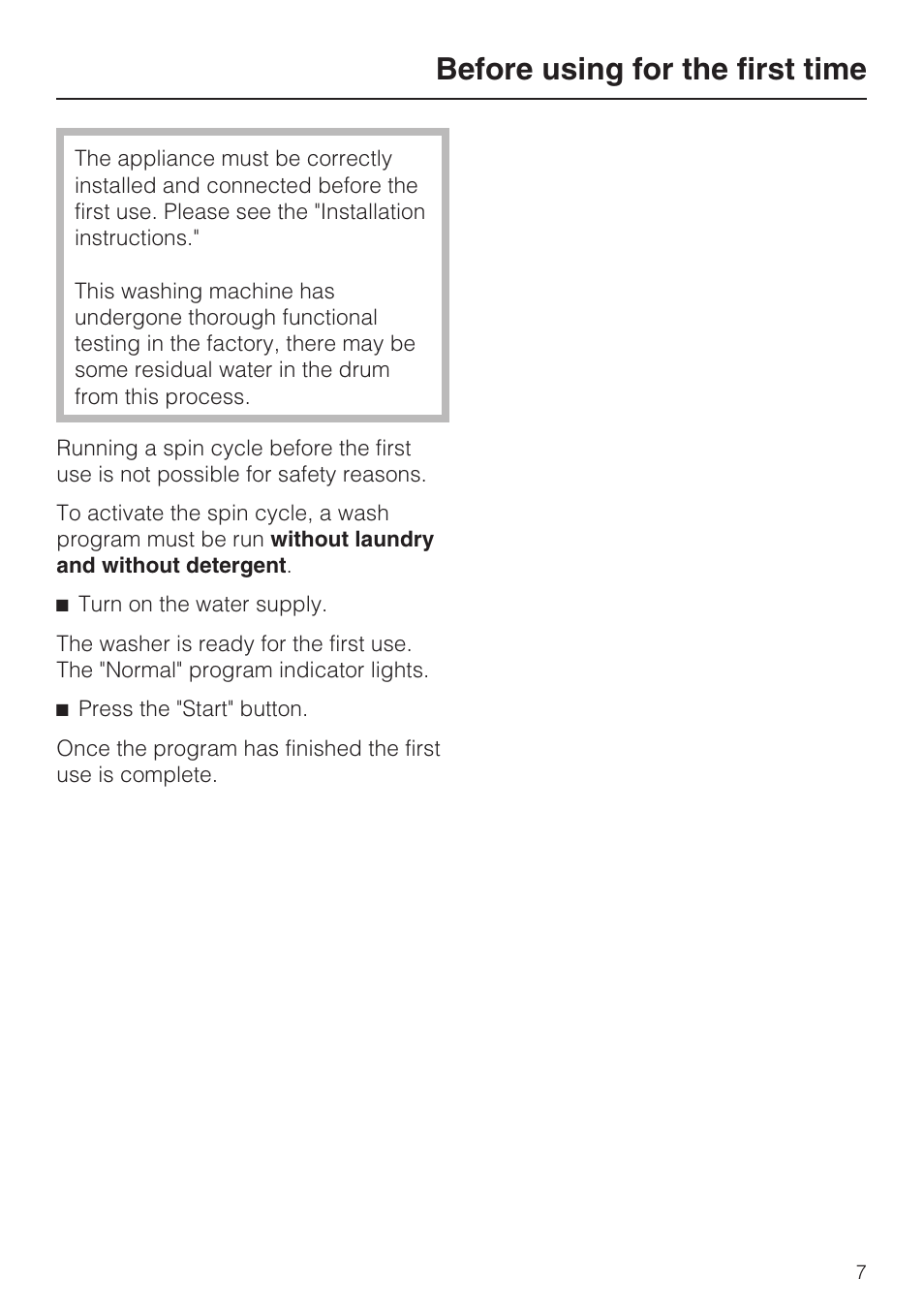 Before using for the first time 7, Before using for the first time | Miele TOUCHTRONIC W 4800 User Manual | Page 7 / 52