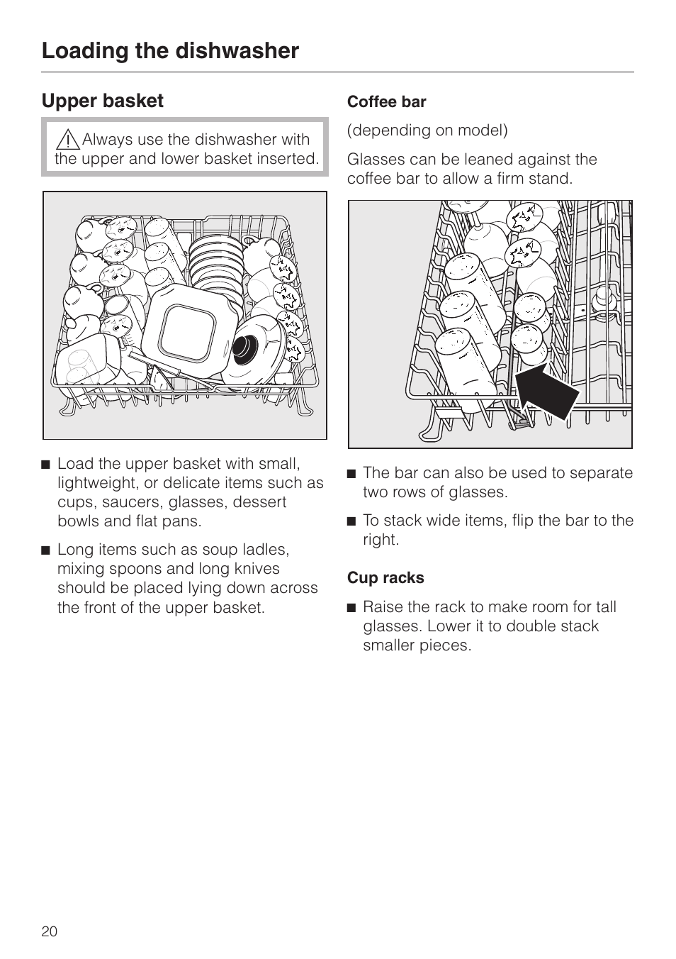 Upper basket 20, Loading the dishwasher, Upper basket | Miele G2470 User Manual | Page 20 / 60
