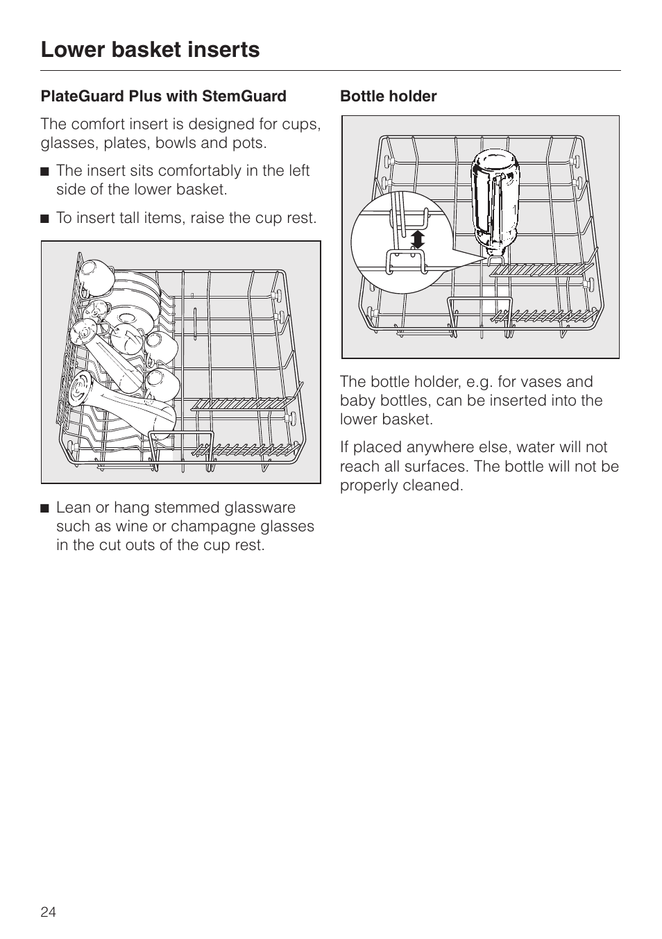 Lower basket inserts 24, Lower basket inserts | Miele G2470 User Manual | Page 24 / 60
