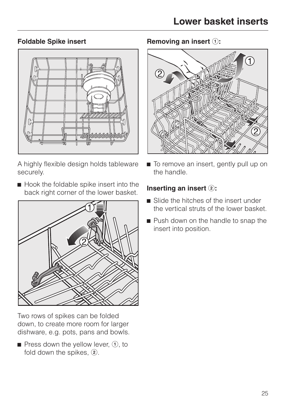 Lower basket inserts | Miele G2470 User Manual | Page 25 / 60