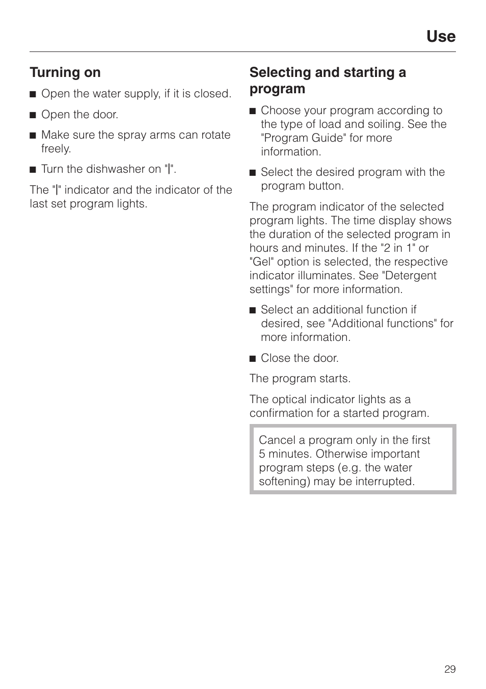 Turning on 29, Selecting and starting a program 29, Turning on | Selecting and starting a program | Miele G2470 User Manual | Page 29 / 60
