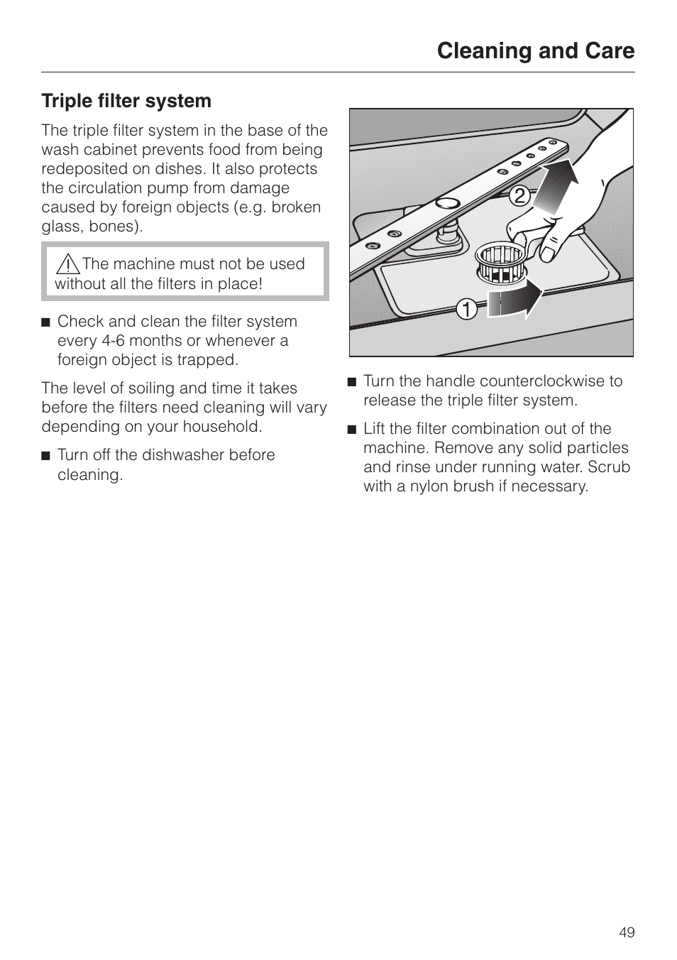 Triple filter system 49, Cleaning and care, Triple filter system | Miele G2470 User Manual | Page 49 / 60
