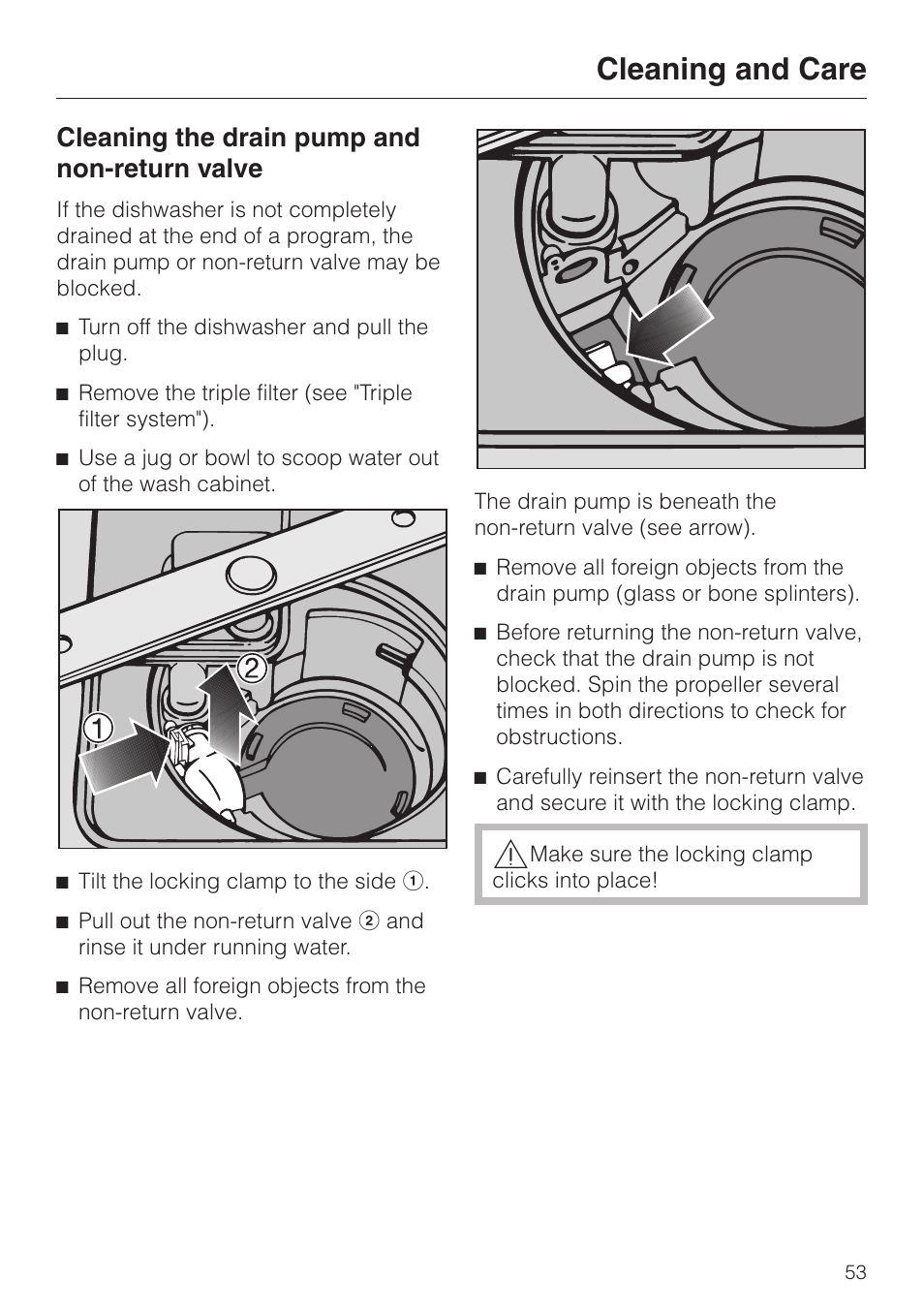 Cleaning the drain pump and non-return valve 53, Cleaning and care, Cleaning the drain pump and non-return valve | Miele G2470 User Manual | Page 53 / 60