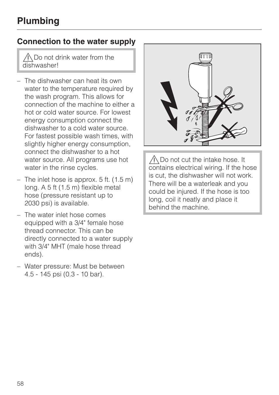 Plumbing 58, Connection to the water supply 58, Plumbing | Miele G2470 User Manual | Page 58 / 60