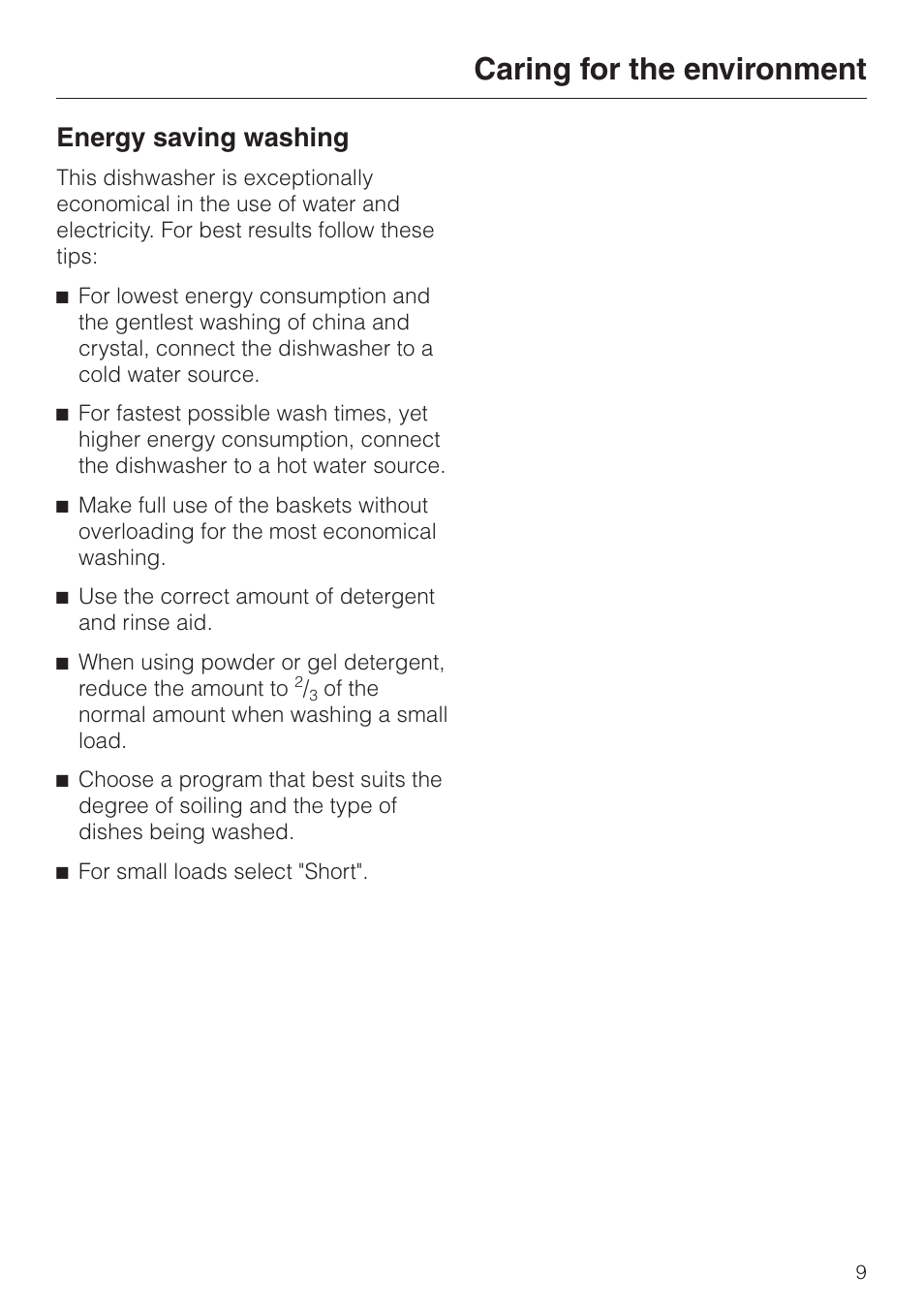 Caring for the environment 9, Caring for the environment, Energy saving washing | Miele G2470 User Manual | Page 9 / 60