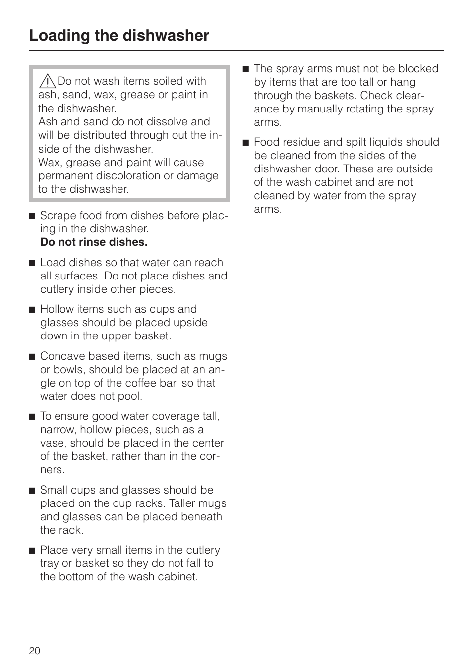 Loading the dishwasher 20, Loading the dishwasher | Miele NOVOTRONIC G 841 PLUS User Manual | Page 20 / 48