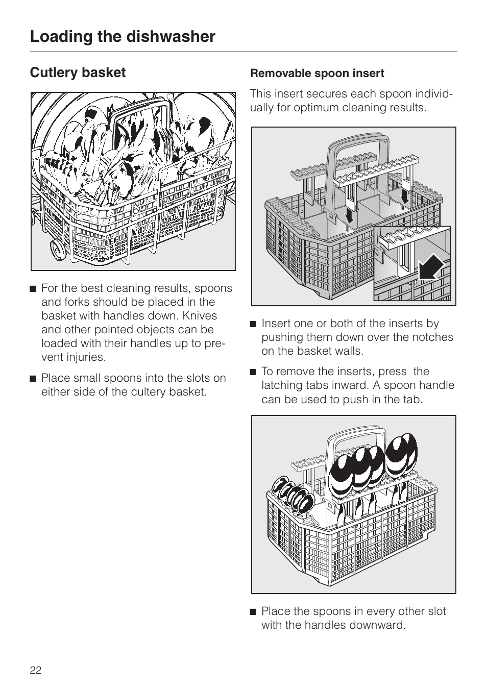 Cutlery basket 22, Cutlery basket, Loading the dishwasher | Miele NOVOTRONIC G 841 PLUS User Manual | Page 22 / 48