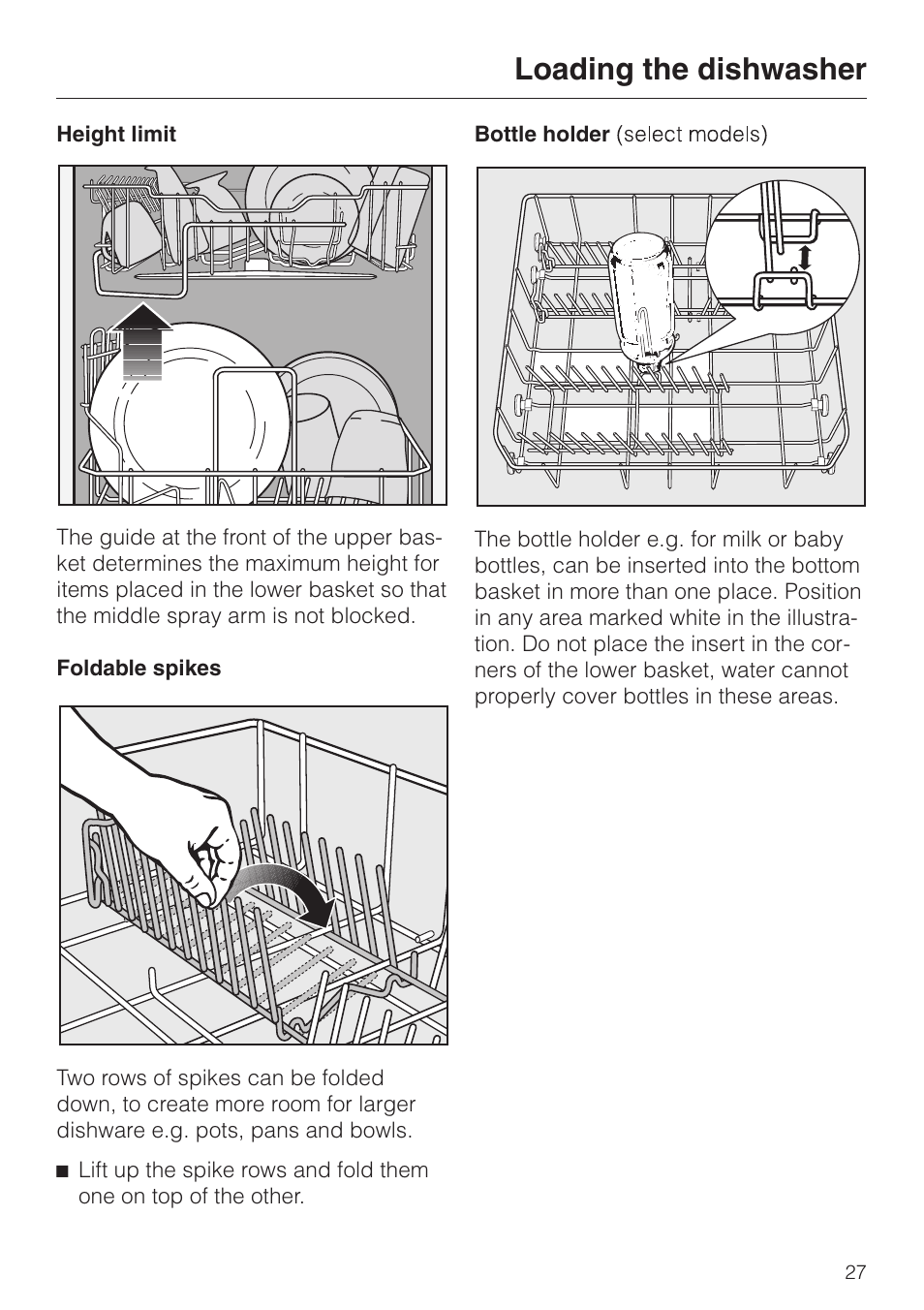 Foldable spikes 27, Bottle holder (select models) 27, Foldable spikes bottle holder (select models) | Loading the dishwasher | Miele NOVOTRONIC G 841 PLUS User Manual | Page 27 / 48