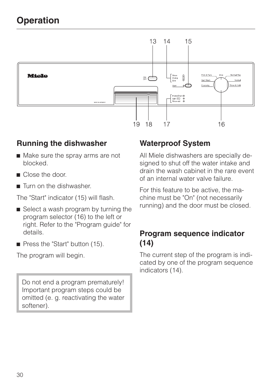 Running the dishwasher 30, Program sequence indicator (14) 30, Operation | Running the dishwasher, Waterproof system, Program sequence indicator (14) | Miele NOVOTRONIC G 841 PLUS User Manual | Page 30 / 48