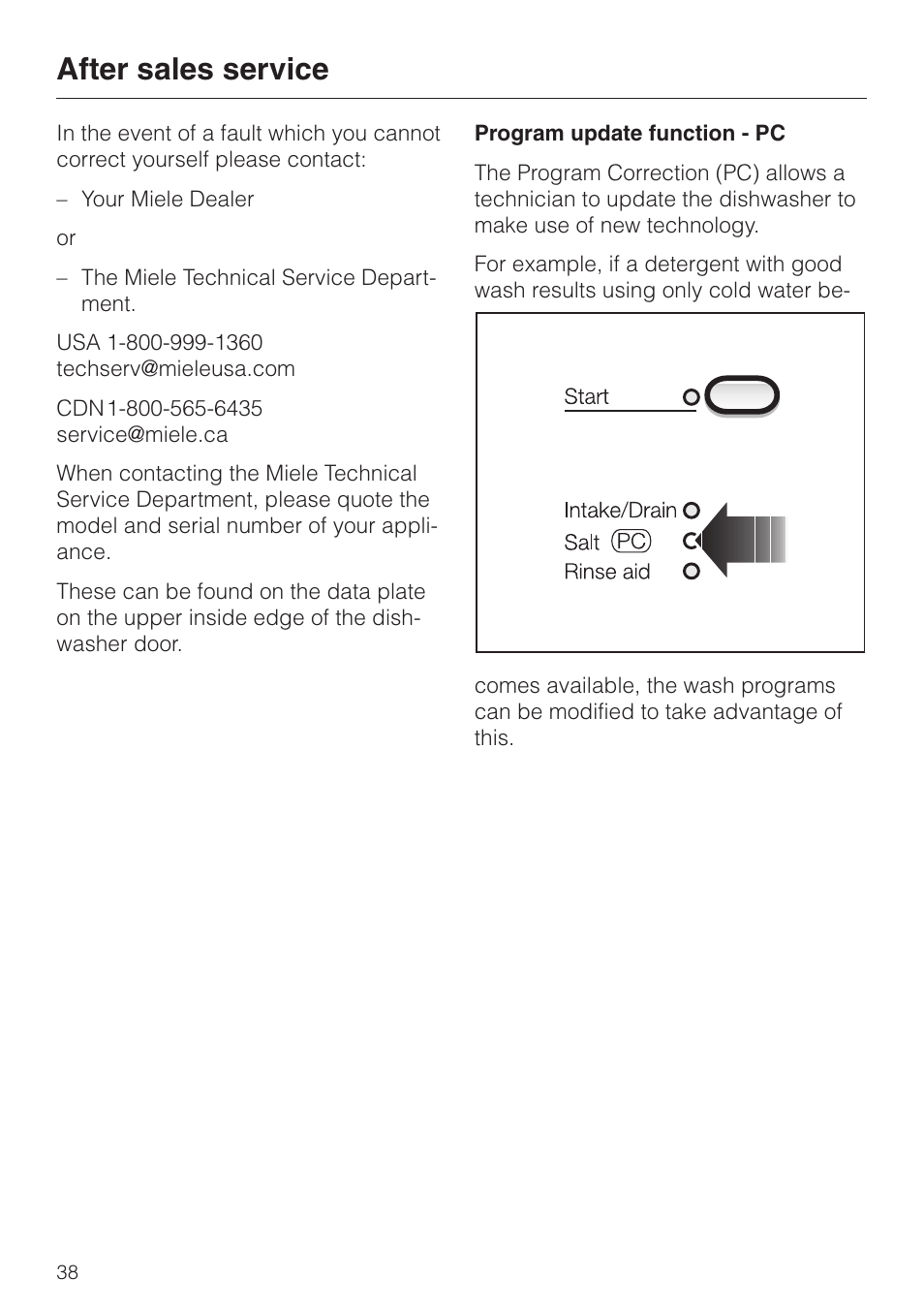 After sales service 38, After sales service | Miele NOVOTRONIC G 841 PLUS User Manual | Page 38 / 48