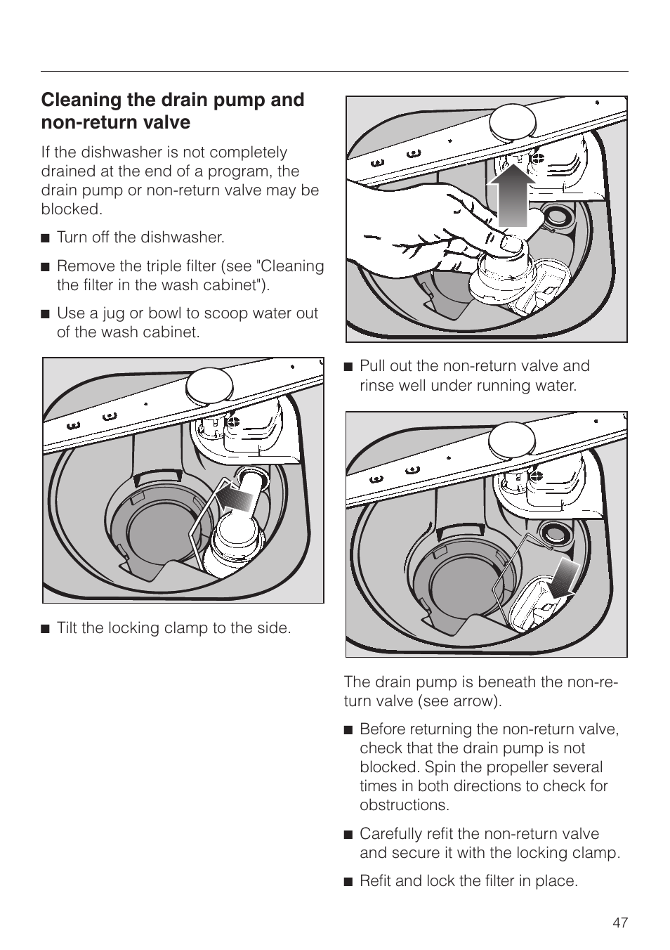 Cleaning the drain pump and non-return valve 47, Cleaning the drain pump and non-return valve | Miele NOVOTRONIC G 841 PLUS User Manual | Page 47 / 48