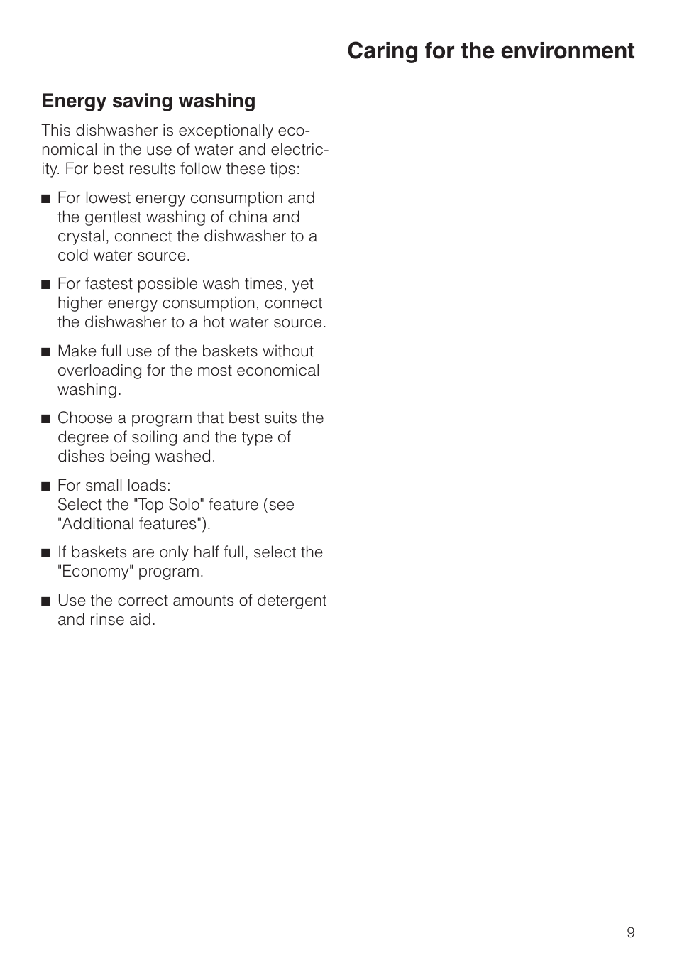 Caring for the environment 9, Energy saving washing 9, Caring for the environment | Energy saving washing | Miele NOVOTRONIC G 841 PLUS User Manual | Page 9 / 48