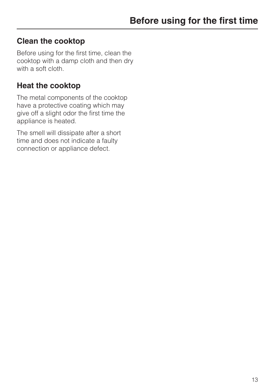 Before using for the first time 13, Clean the cooktop 13, Heat the cooktop 13 | Before using for the first time | Miele KM427 User Manual | Page 13 / 24