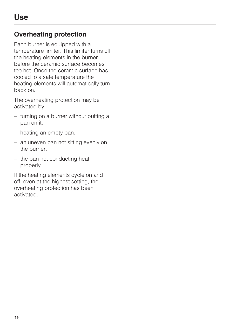 Overheating protection 16, Overheating protection | Miele KM427 User Manual | Page 16 / 24