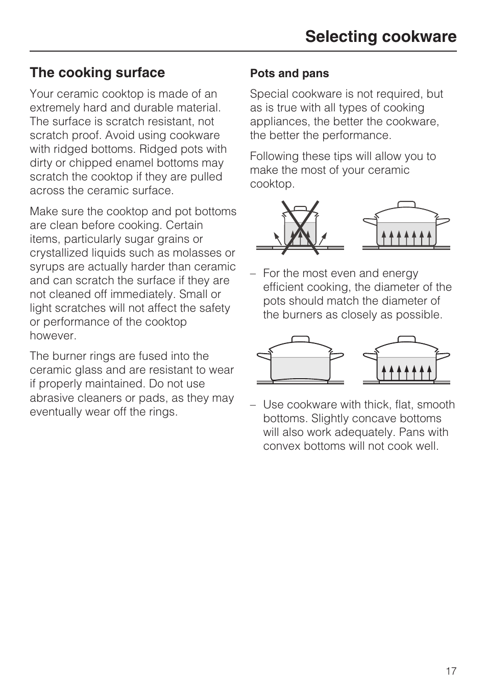 Selecting cookware 17, The cooking surface 17, Selecting cookware | The cooking surface | Miele KM427 User Manual | Page 17 / 24