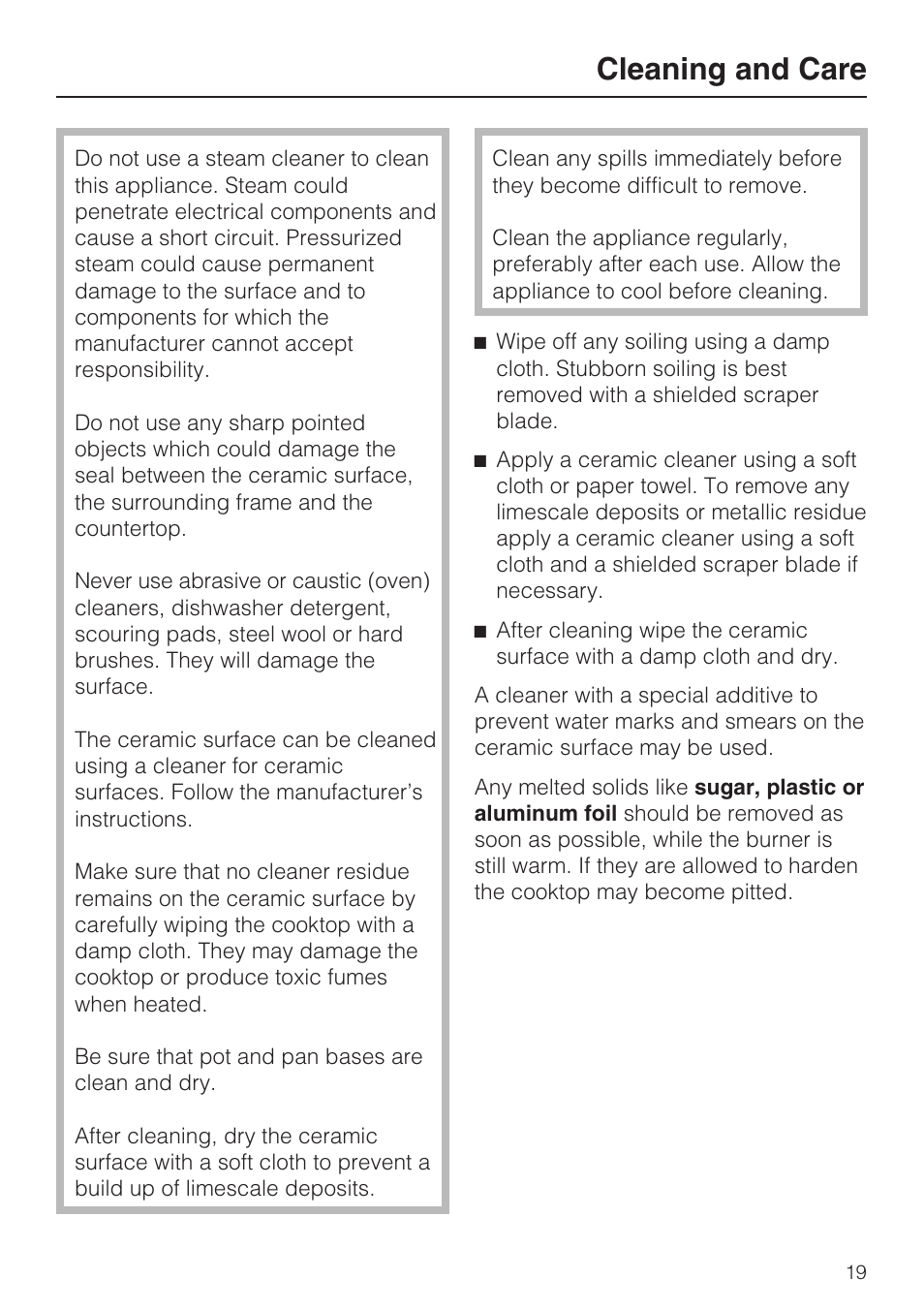 Cleaning and care 19, Cleaning and care | Miele KM427 User Manual | Page 19 / 24