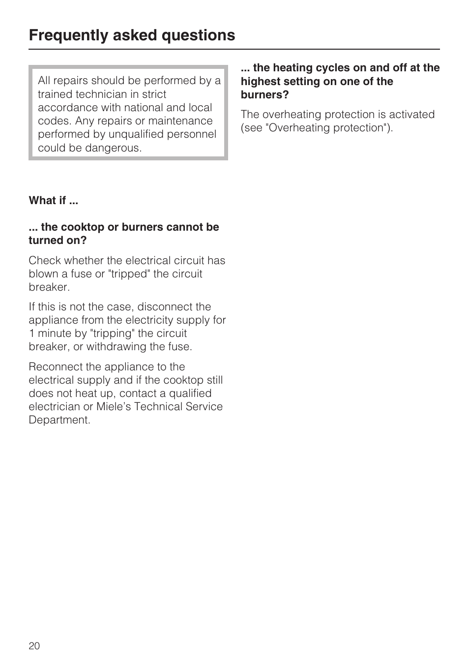 Frequently asked questions 20, Frequently asked questions | Miele KM427 User Manual | Page 20 / 24